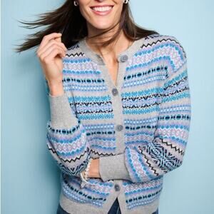 TALBOTS 2XL Attractive Blue Purple Colorway Merino Wool Blend Cardigan Fair Isle